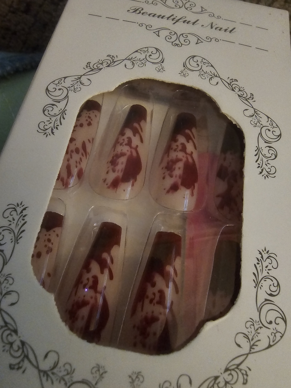 Press-On Nails with Blood Burgundy Splatter Design